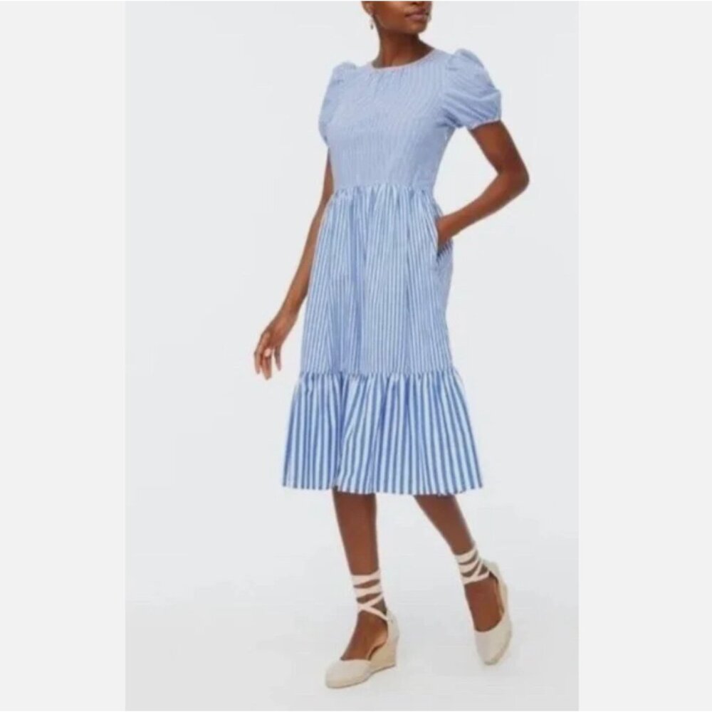 J. Crew Blue White Striped Poplin Puff Sleeve Tiered‎ Midi Dress size 00